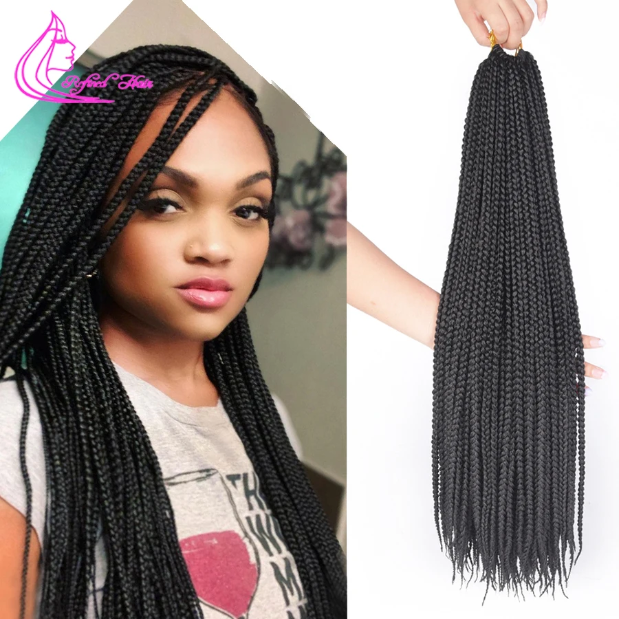 

Box Braids Crochet Hair 24 inch Long Synthetic Hand made Braiding Hair Extensions for Women Girls Black Brown Blue 22 Strands/pc