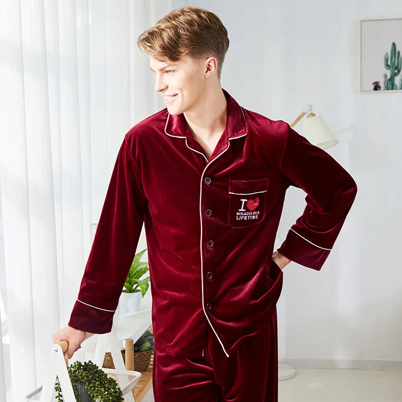 Wine red Мужской пижамный комплект, Мужские штаны с длинными рукавами, два предмета, золотой бархат, Удобный домашний сервис, подходит для осени и зимы - Цвет: Wine red