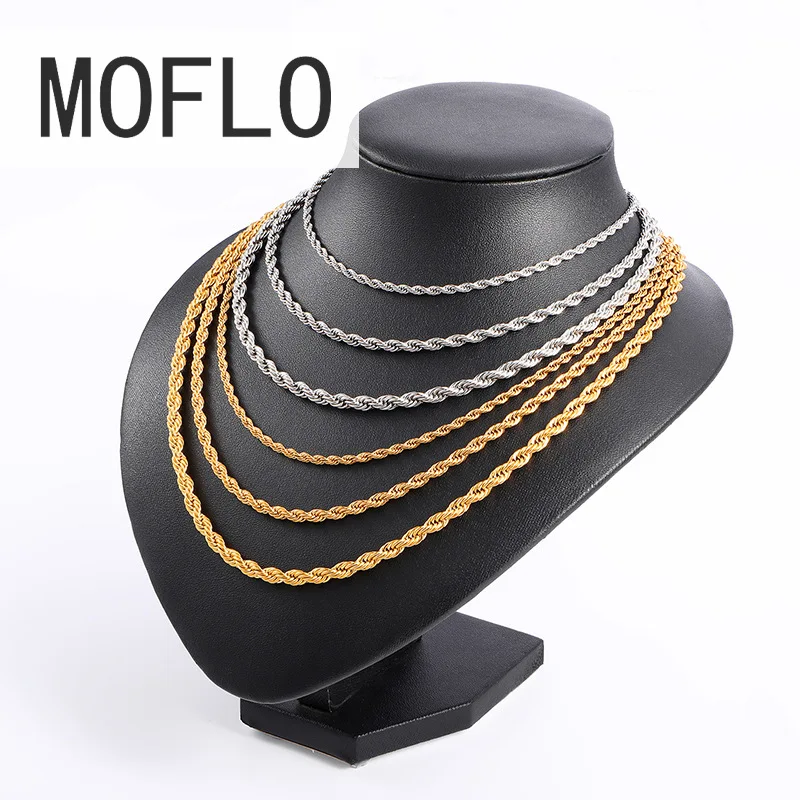 

MOFLO 3/4/5MM Hip Hop Chain Necklace Gold Plating Stainless Steel Jewelry Box Twisted Rope Chain for Man and Woman