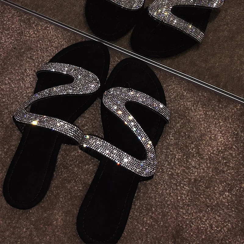 

New Style Slippers Women's Summer Roman Diamond Set Line-Styled Slippers
