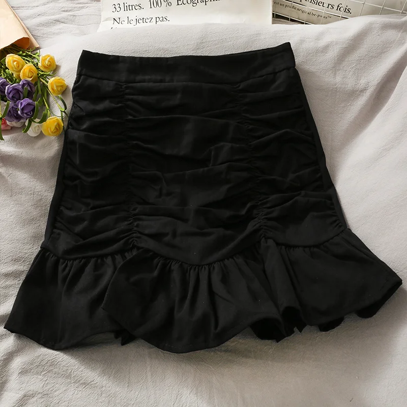 

Women High Waist Elegant Ruffles Patchwork Mini Pleated Skirt Solid Slim Bodycon A-line Skirts 2021 Summer