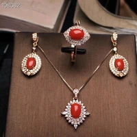 925 sterling silver natural red coral gemstone new female miss girl woman pendant necklace earrings rose gold set 3 pieces