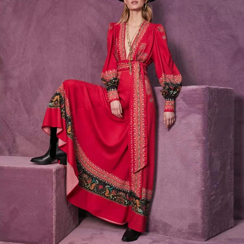 

GALCAUR Bohemian Red Dress For Women V Neck Lantern Sleeve High Waist Patchwork Lace Up Hit Color Dresses Female 2020 Autumn New