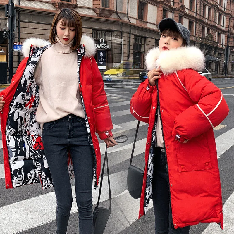 QIHUANG Двусторонняя одежда женское зимнее пальто с капюшоном и меховым воротником