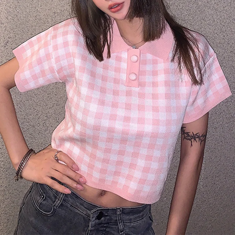 Женская футболка в клетку розовая или синяя с коротким рукавом круглым вырезом и