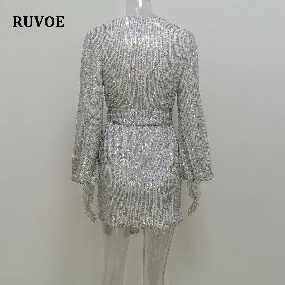

Autumn Lantern Long Sleeve Sexy Sequined Dress Lady Casual Deep V-Neck Tunic Tied Waist Wrap Dress Women Clubwear LBK-5