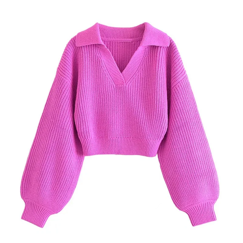 

Woman Elegant Rose Red V Neck Knitted Short Pullover 2021 Autumn Fashion Female Lantern Sleeve Sweaters Ladies Casual Sweater