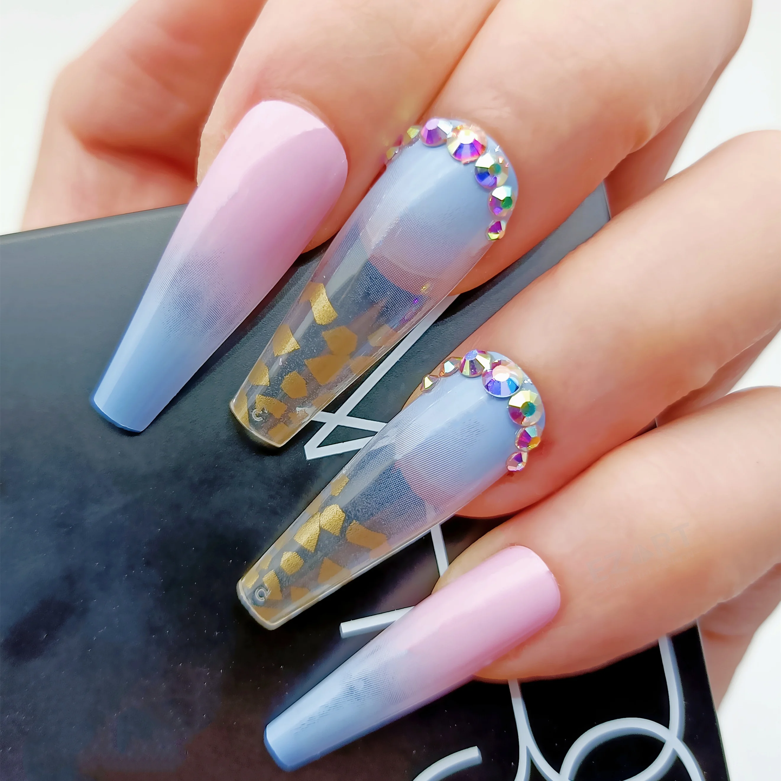 

Press On Nails Coffin with Rhinestone and Design Artificial Full Cover Nail Tips Stick On Manicure Set Long Multi Color 24pcs
