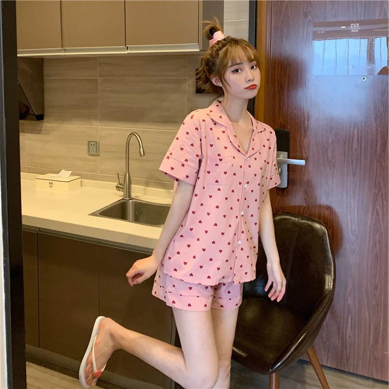 Love Printed Pajamas Women's 2021 Summer New Short Cotton Nightgown Lovely Home Clothes Female Sleepwear Sleeping Wear Nightwear