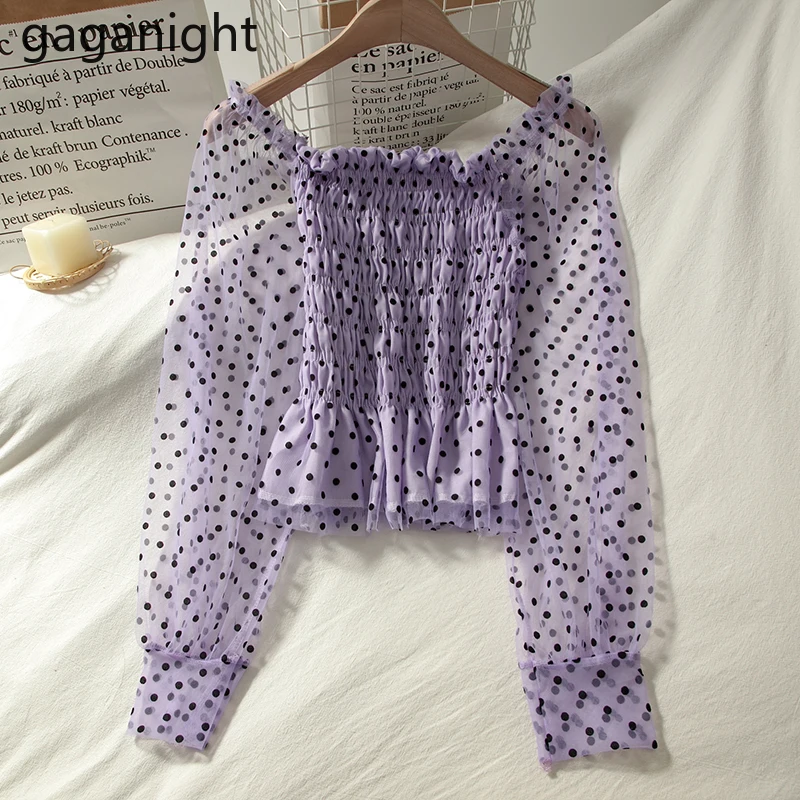 Gaganight пикантная женская блузка в горошек с длинным рукавом Укороченная рубашка