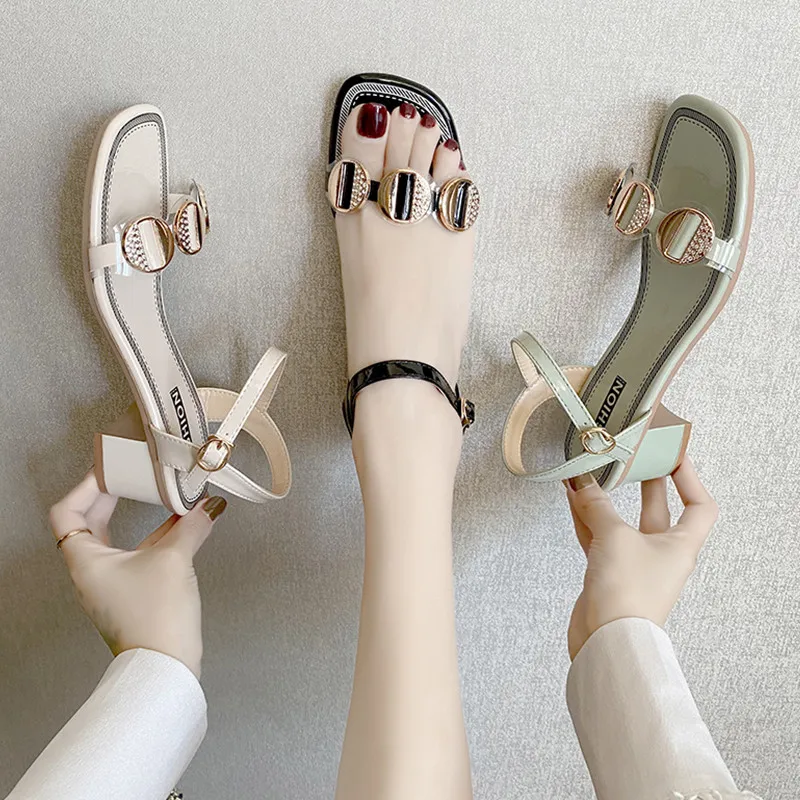 

Clear Heels Chunky Sandals All-Match Female Shoe 2021 Summer Espadrilles Platform Med Buckle Strap Block Girls High Rhinestone N