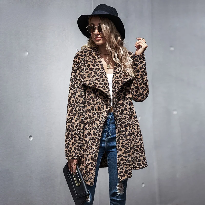 

2021 Thick Winter Casual Elegant Faux Fur Leopard Jacket Overcoat Women Warm Cardigan Female Plush Coats Sweatshirt Outerwear