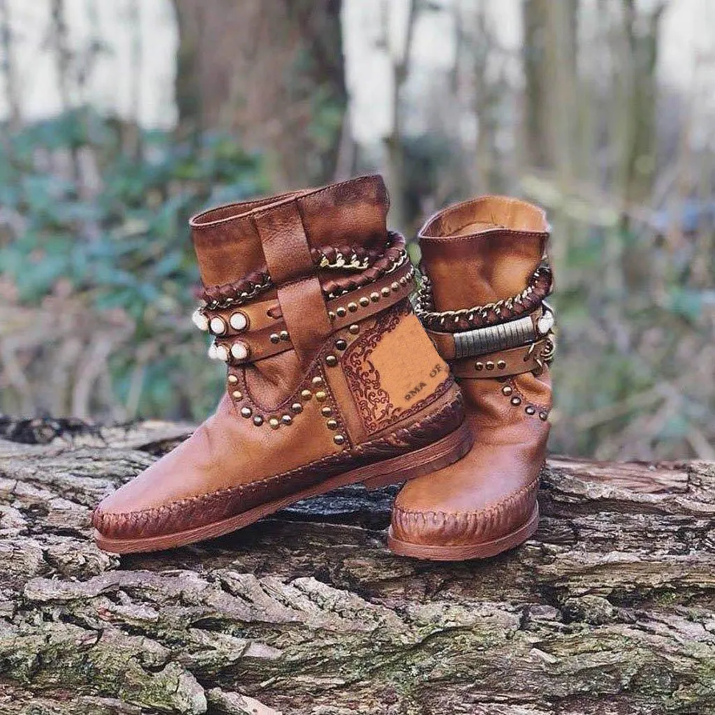 Ботинки в римском стиле с цепочкой и заклепками ретро женские повседневные