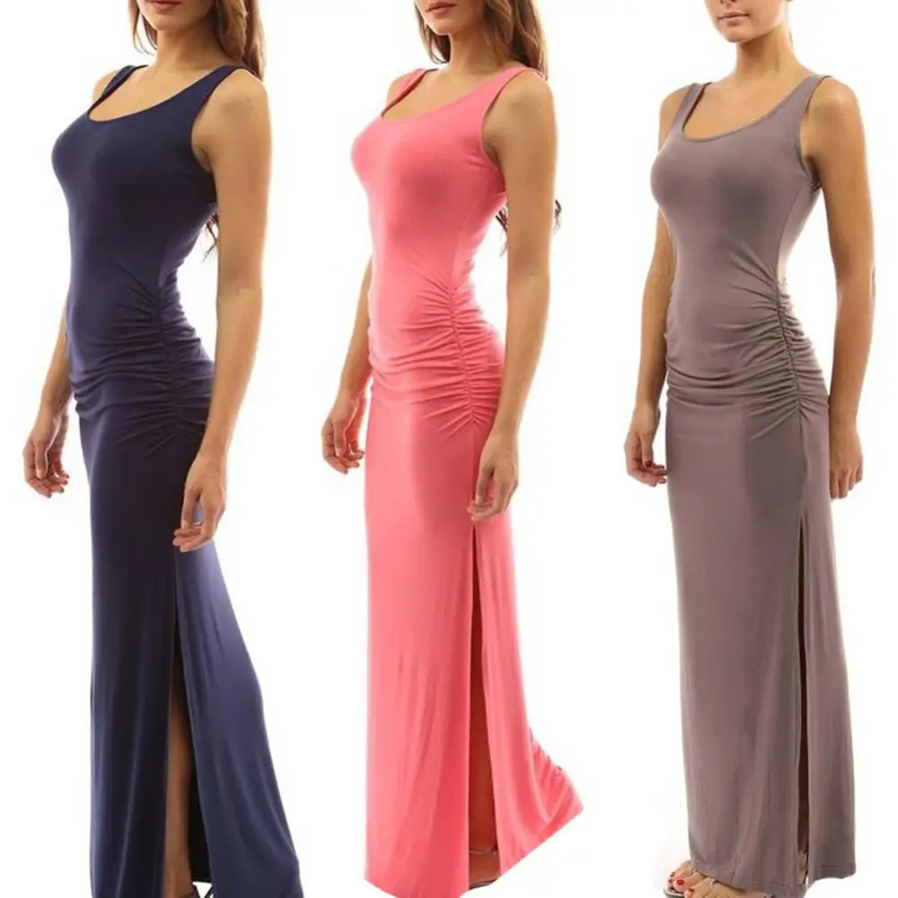 Hot Sales Solid Color Women Scoop Neck Sleeveless Summer Maxi Side Split Ruched Long Dress 3 Hot Sales Solid Color Women Scoop Neck Sleeveless Summer Maxi Side Split Ruched Long Dress 3