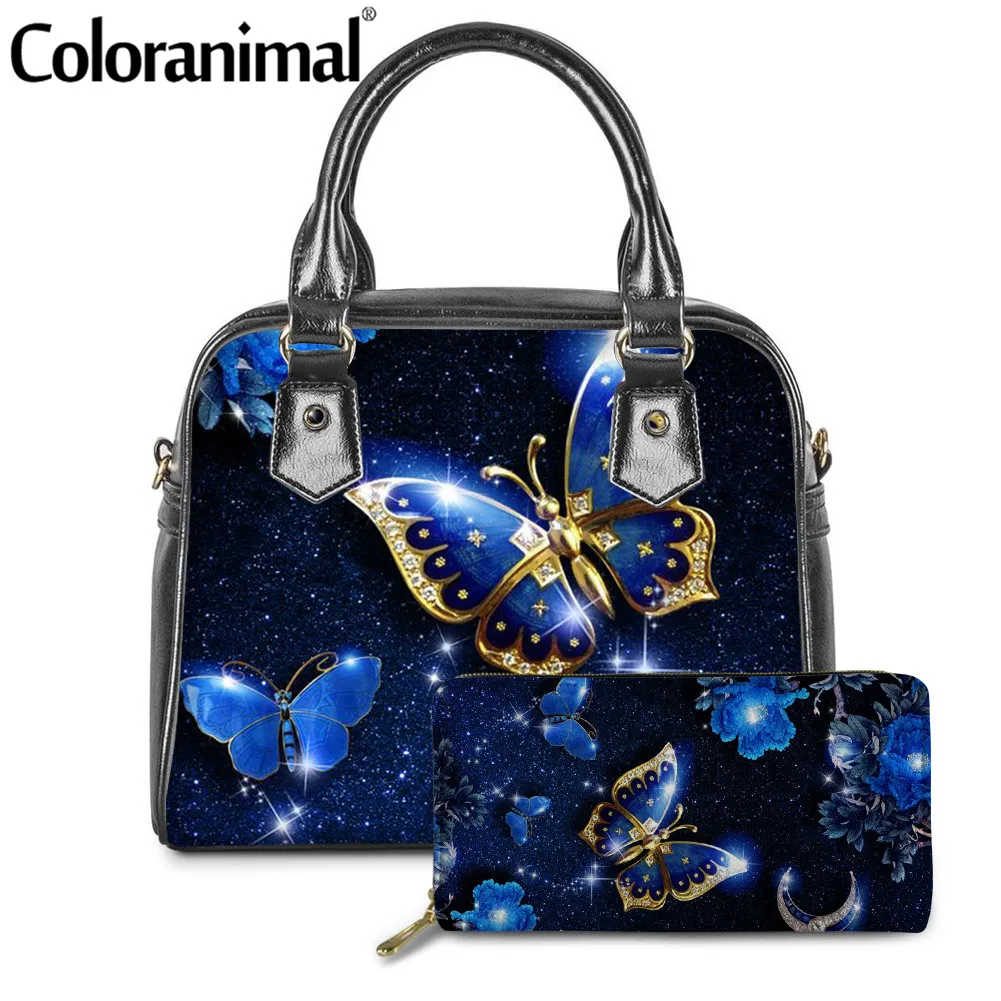 

Coloranimal New Arriver Bule Butterfly Print Women Shoulder Tote Handbags 2pcs/set PU Leath Storage Bag&Purse sac main