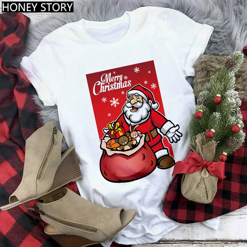 

Merry Christmas Women's Kawaii Santa Tree Print T-shirt Cartoon Cute Elk Round Neck Wild White Short Sleeve T-Shirt Unisex