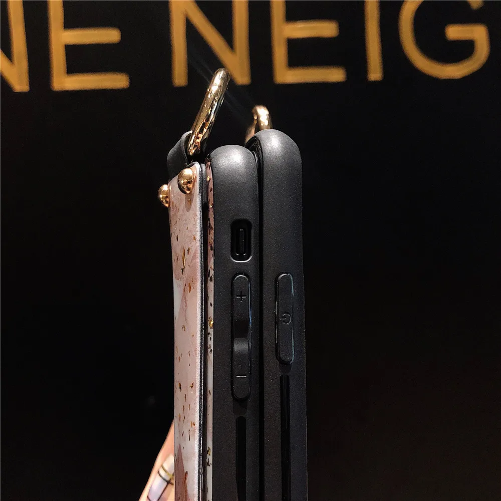 Fashion Bling Wrist Strap Cases For IPhone 7 Gold Foil Granite Marble Phone Case for iPhone X XS Max XR 6S 8 Plus Cover Fundas |