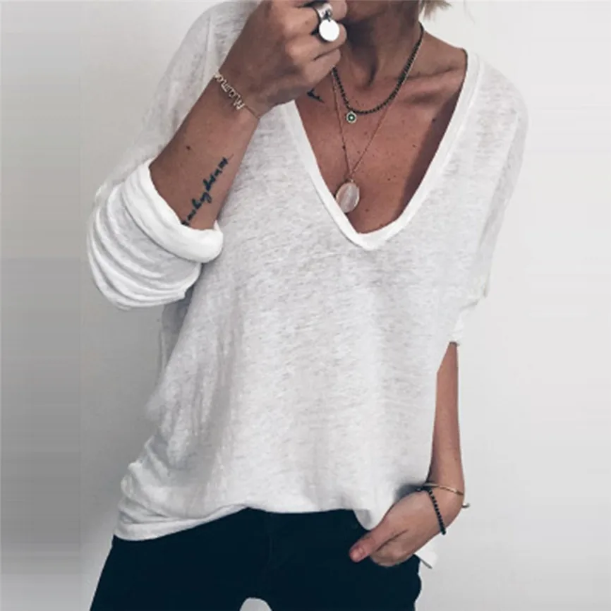 Блузки Femme t 2019 Модные женские повседневные однотонные пуловеры с v-образным