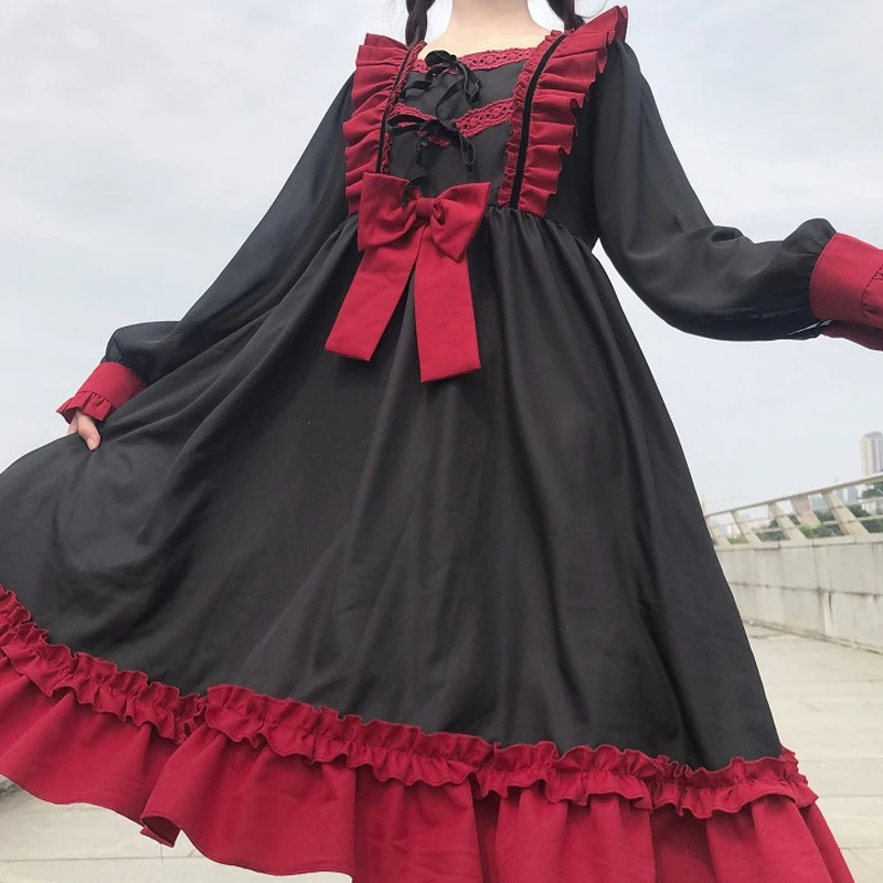 Japanese Harajuku Gothic Bandage Bow Splice Dress Sweet Lolita Girl Cosplay Dress Sweet Kawaii Ruffles Bow Women Party Dress