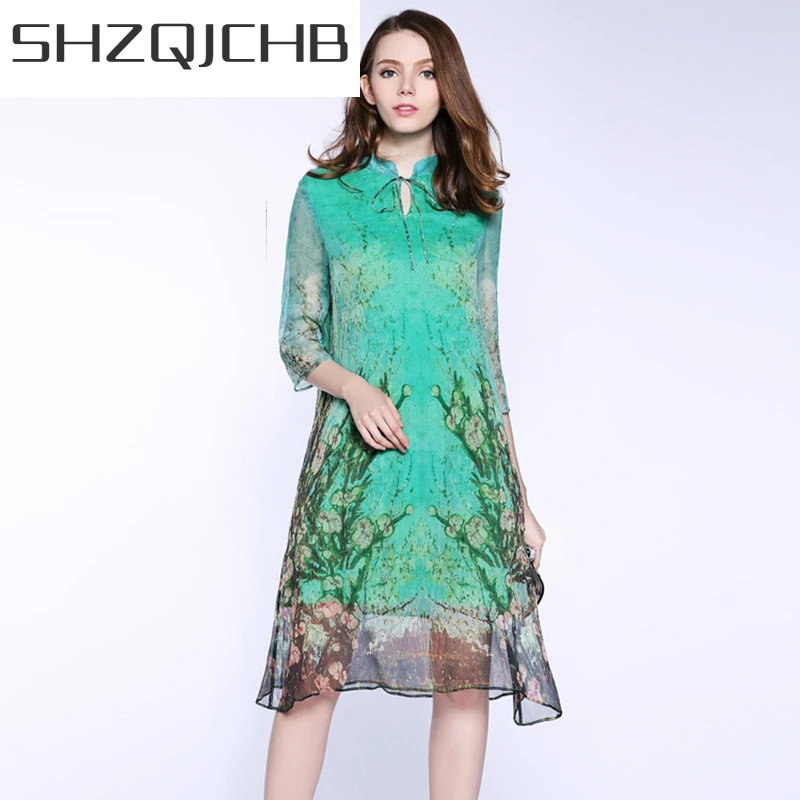 

SHZQ летнее платье из натурального шелка, Женские Элегантные зеленые платья средней длины с цветочным принтом, женские винтажные платья, женс...