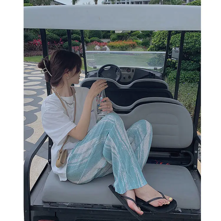 

Tie dyed pants women's Velvet high waisted striped Wide Leg Pants NEW Loose casual draping trend versatile straight pants summer