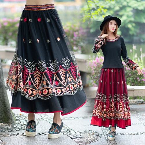 Женская сетчатая юбка с вышивкой Длинная черная до щиколотки высокой талией в