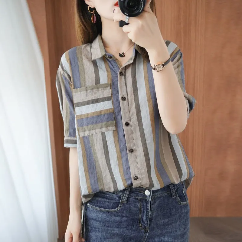 

2021 new summer cotton and linen original vertical stripes shirt design sense of thin simple and comfortable top women