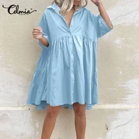 celmia elegant shirt dress 2022 summer fashion womens sundress short sleeve buttons solid ruffled party knee length loose robe