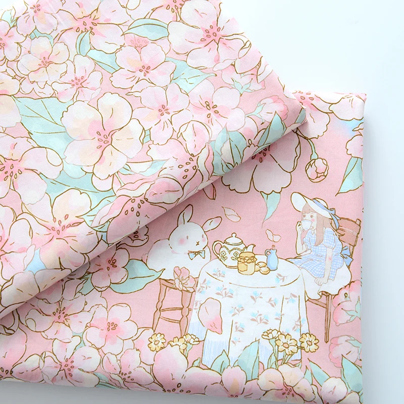 

140cm Wide Cute Rabbit Girl Gardenia Printed Cotton Fabric Per Meter DIY Handmade Clothes Dress Sewing Patchwork Accessories