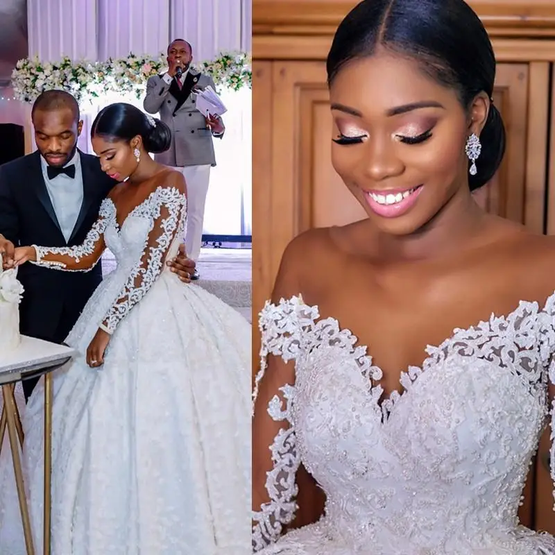 

Plus Size 2021 Long Sleeve Wedding Dresses Lace Appliqued Sheer Neck Beaded Bridal Gowns Wedding Dress Vestido De Noiva