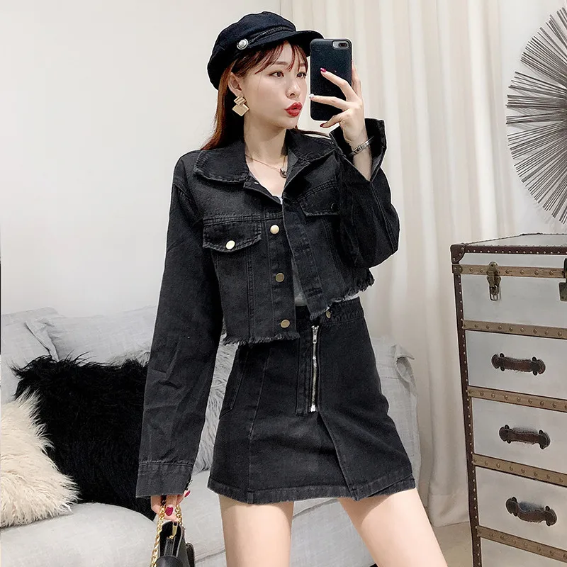 Осенний костюм с юбкой корейские женские комплекты модная короткая джинсовая