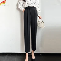 dfrcaeg 2022 spring pencil pants for women korean fashion high elastic waist pockets gray or black trousers office wear pantalon