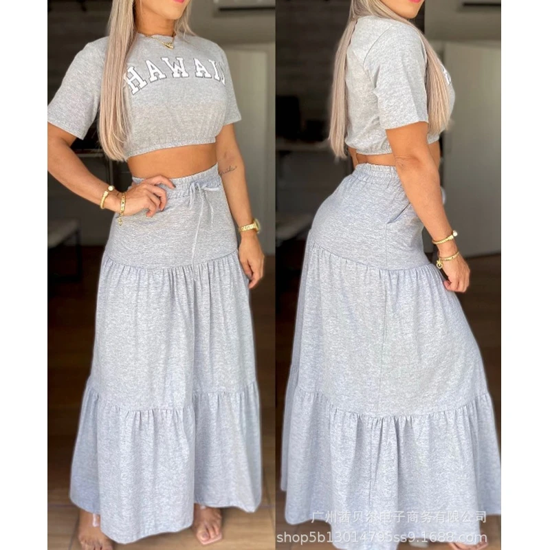 

2021 Summer New 2 Piece Skirts Sets Women Casual Letter Short Sleeve Top Skirt Suit Short Top Long Skirts Set