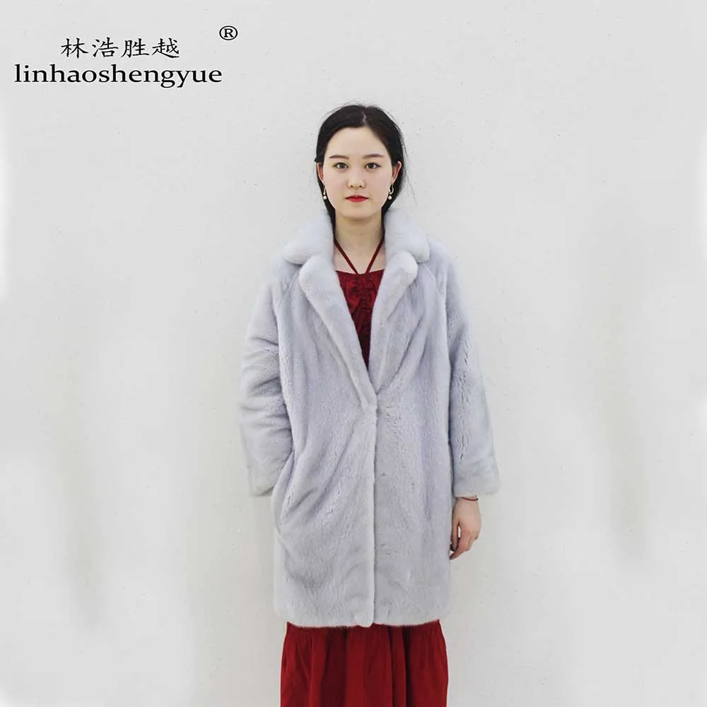 Linhaoshengyue Real Mink Fur  Long Grey   80cm    Mink Fur Coat