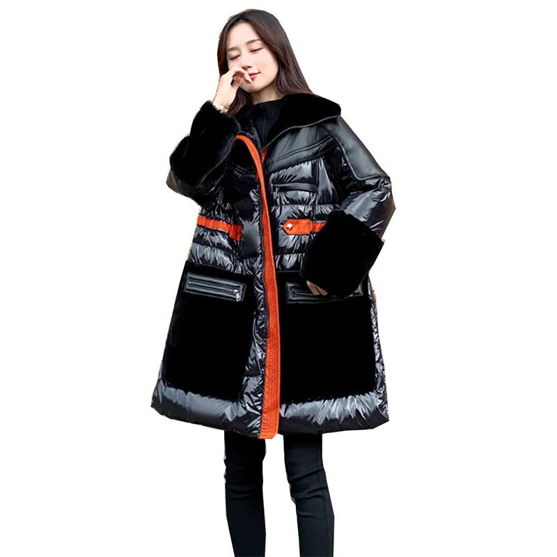 

Женский пуховик из хлопка, зимняя модная черная стеганая куртка, блестящая Корейская версия, свободная теплая верхняя одежда, Женская парка...