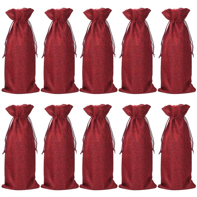 

Джутовые винные пакеты, 10 шт., 13,7x5,9 дюйма, подарочные пакеты Hessian для винных бутылок со шнурком (винно-красный)