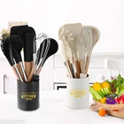 Набор силиконовых кухонных принадлежностей, антипригарная лопатка, ложка для супа, прищепка для баклажанов, деревянная ручка, контейнер для хранения, кухонные принадлежности