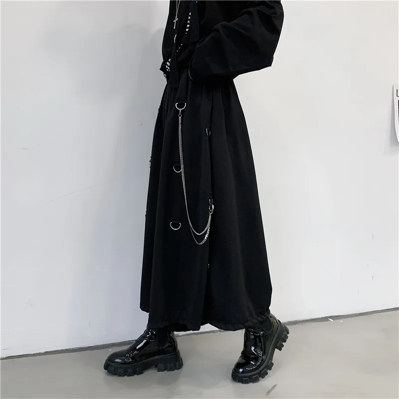 

Male Punk Black Chain Ankle-Length Wide Legged Pants Hip Hop Loose Drop Crotch Harem Trousers Casual Fashion Mens Cargo Pants