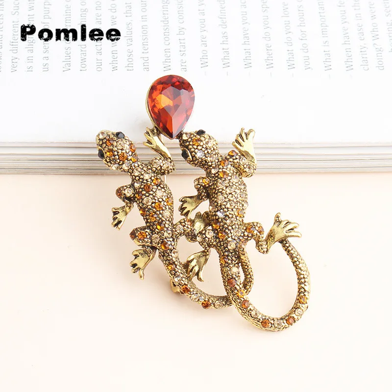 

Pomlee Available Full Rhinestone Lizard Brooches Vintage Animal Brooch Pin Red Crystal Inlay Suit Accessories Gift