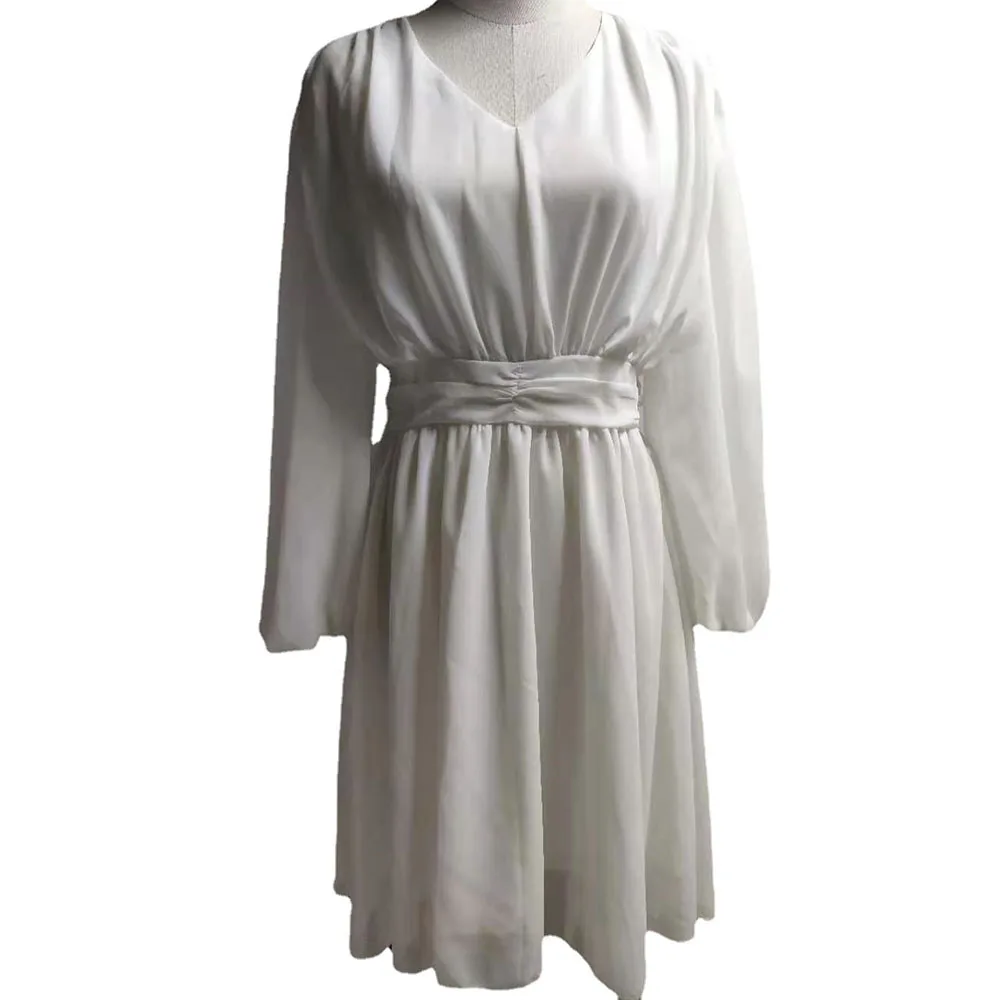 

2021 New Women's White Puff Sleeve Fairy Waist Slimming Long Skirt Simple Fashion Style Temperament V-neck Design Dresses