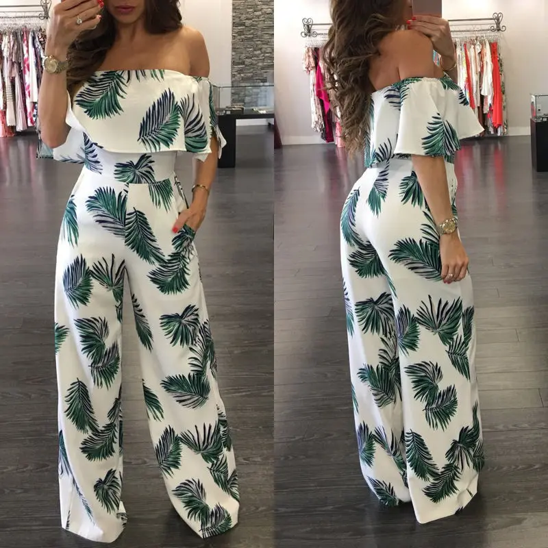 Женский пляжный комбинезон летний Свободный с открытыми плечами и принтом для