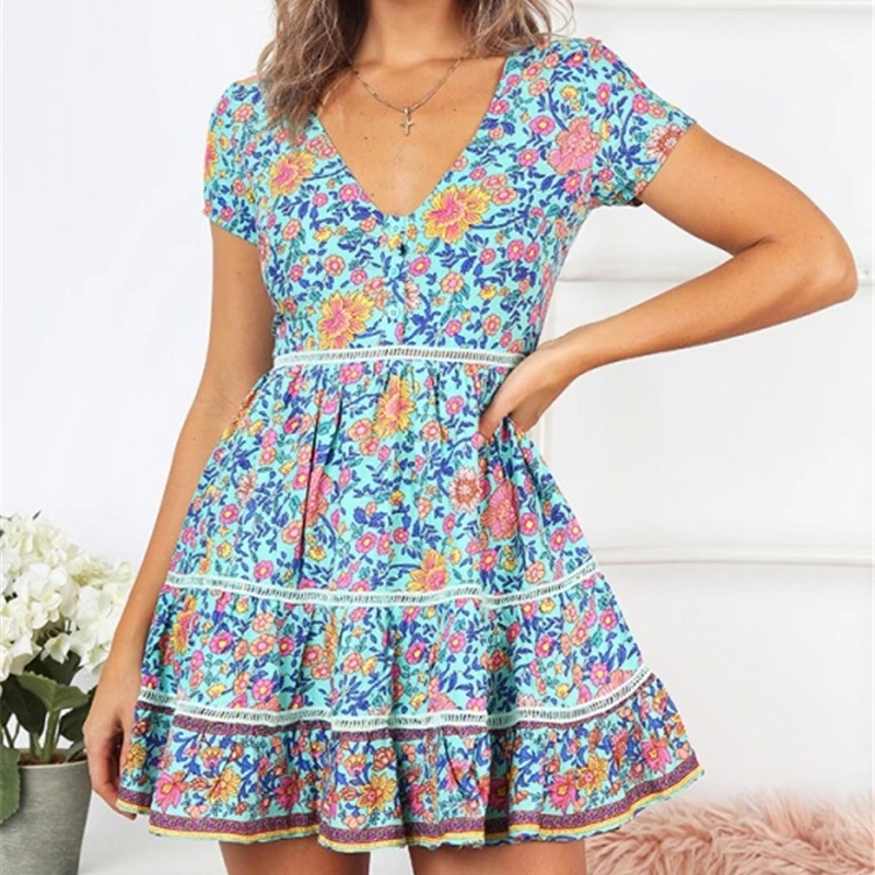 Женское пляжное платье с цветочным принтом летнее повседневное