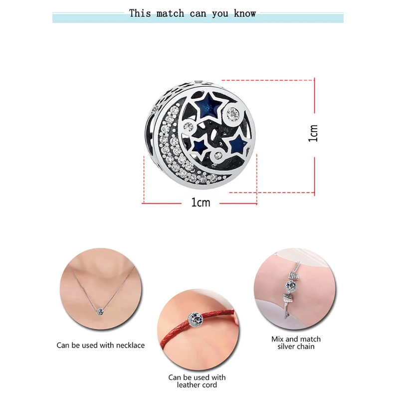 ELESHE 925 Sterling Silvrer Pink Clear CZ Moon Night Sky Star Charm Fit Original Charm Bracelets Necklaces DIY Jewelry Making