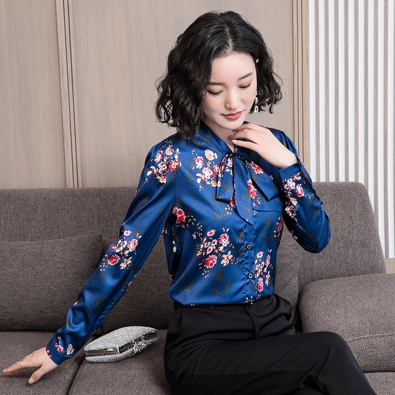 Korean Fashion Silk Shirts Women Satin Blouses Elegant Long-Sleeve Blouse Print Shirt Plus Size Womens Tops and OL | Женская одежда