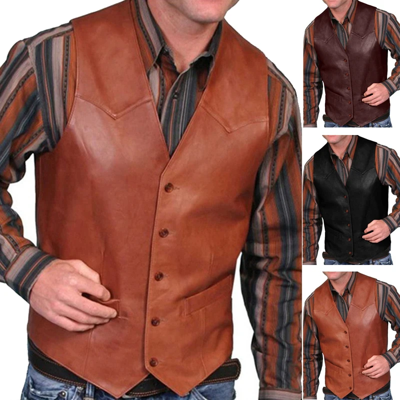 Мужской кожаный жилет в стиле панк с V-образным вырезом мотоциклетная куртка