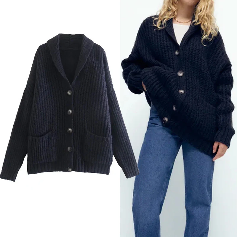 

Кардиган женский вязаный на пуговицах, темно-синий, с длинным рукавом, осень 2021
