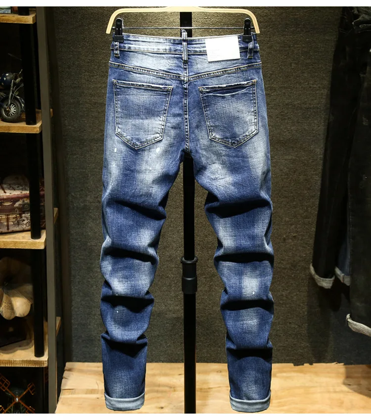 Men's Embroidered Printed Jeans Ripped Fashion Denim Trousers Slim Straight Stretch Young Male Casual Biker Pants High Quality