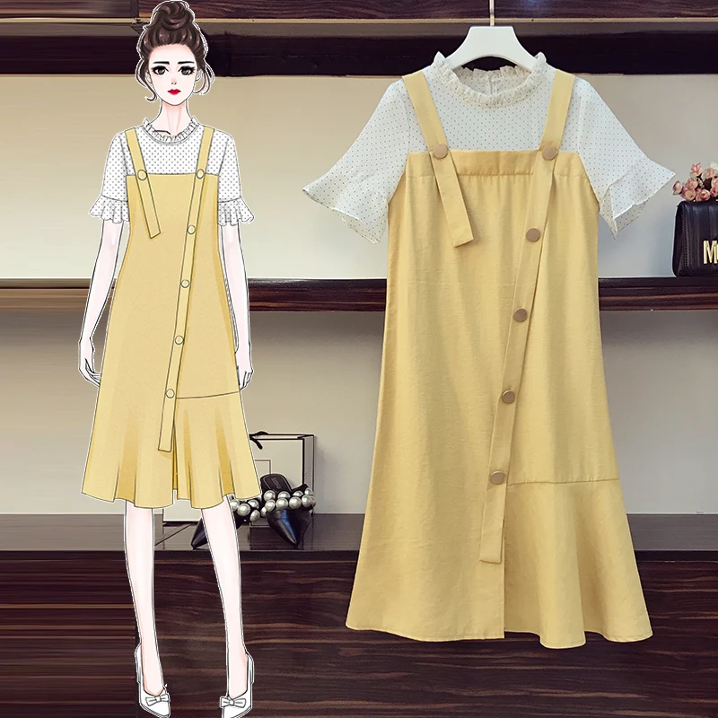 

4XL Plus Size Women Elegant Ruffle Dress Summer 2021 Polka Dot Chiffon Sleeve Patchwork Fake Two Piece Loose Casual Dresses