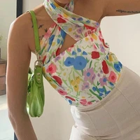 new fashion floral printed v neck halter y2k cottagecore tank tops vest summer sexy bandage women aesthetic all match streetwear
