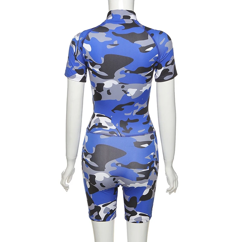 

New Fashion V-Neck Women's Jumpsuit Camouflage Print High Waist Skinny Sporty Biker Shorts Casual Stretchy Outfits